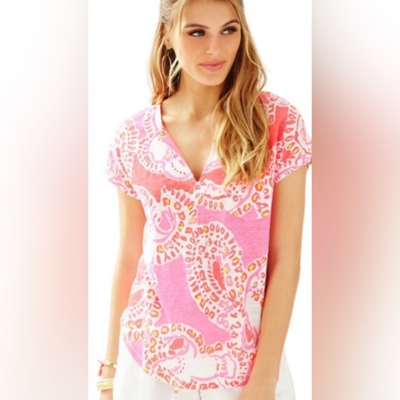 🌴LILLY PULITZER ‘Duval’ Notch Neck Linen Top in Hot Coral Trunk in Love - Picture 4 of 12